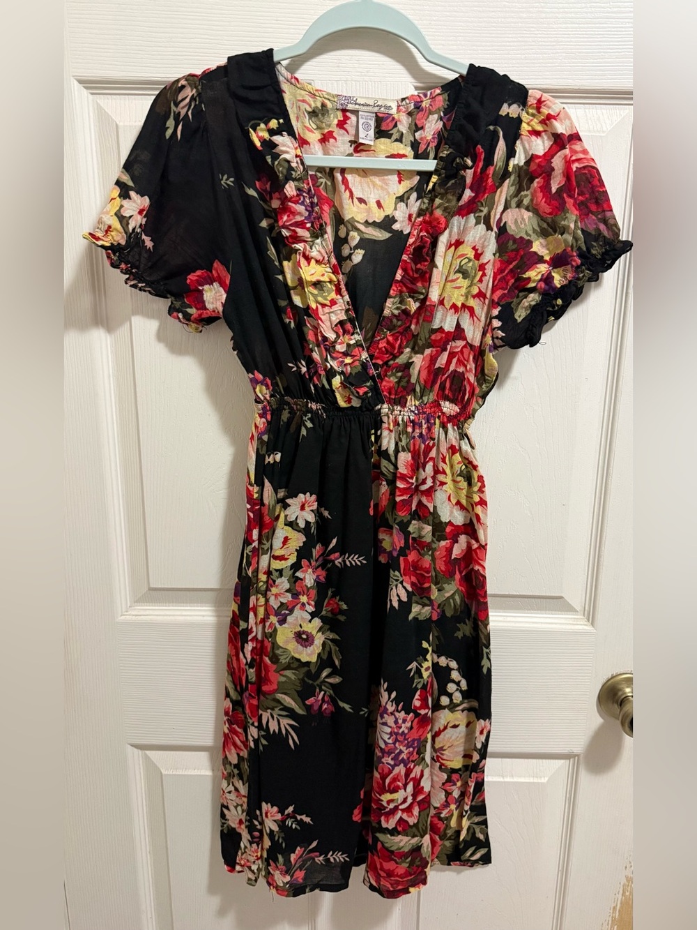 American Rag Black Floral Wrap Dress with Red & Cream Blooms
